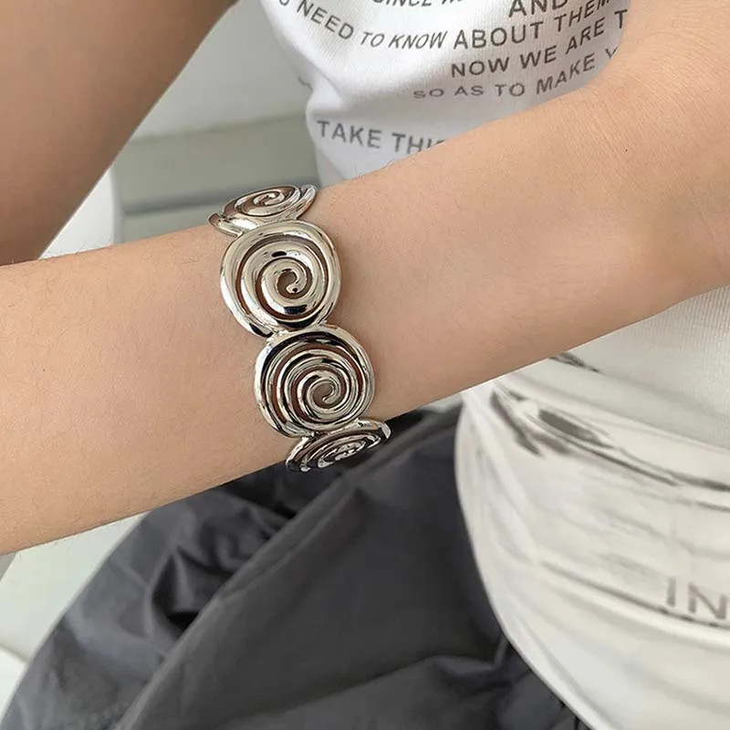 Punk Silver Geometric Spiral Bracelet Vintage Metal Open Adjustable Cuff Bangle