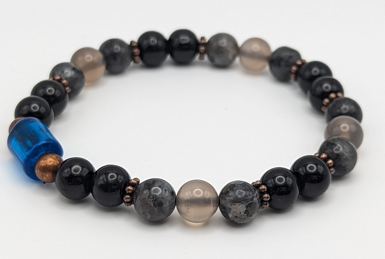Labradorite / Grey Agate / Black 8mm Beaded Stretch Bracelet (18cm) Medium Wrist