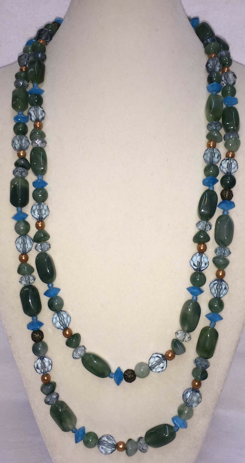 Necklace Jade Like Plastic Beads Green Stone Blue Faceted Long Strand String 60″