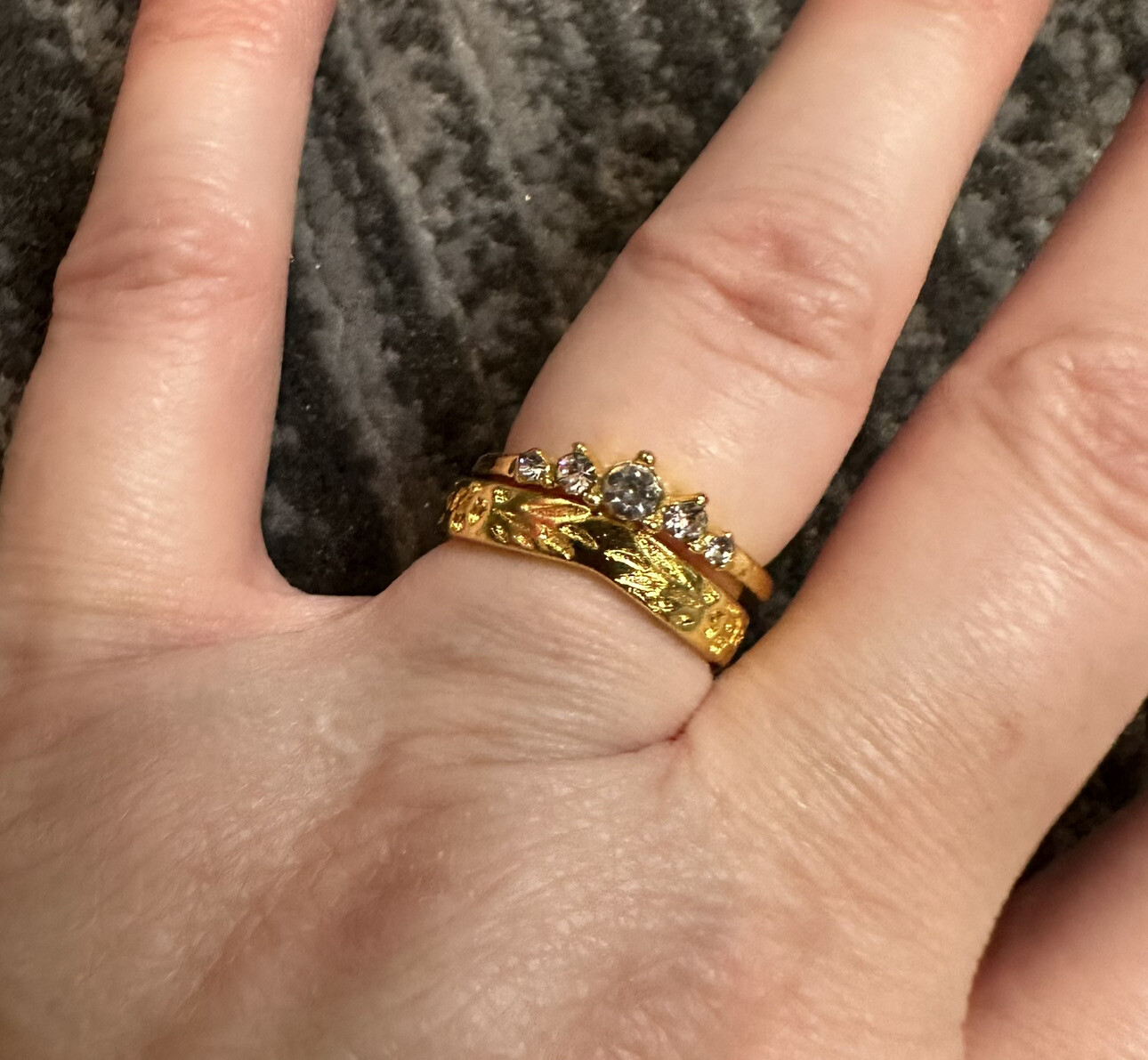 Ring Set CZ Stackable Sz 8 Eternity Band Gold Plated Engraved Flowers 2 pcs New