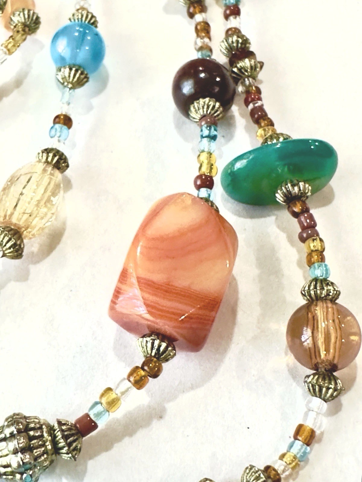 Agate Gemstone Bead Necklace 42” Multicolor Stone Glass Metal & Seed Beads Boho