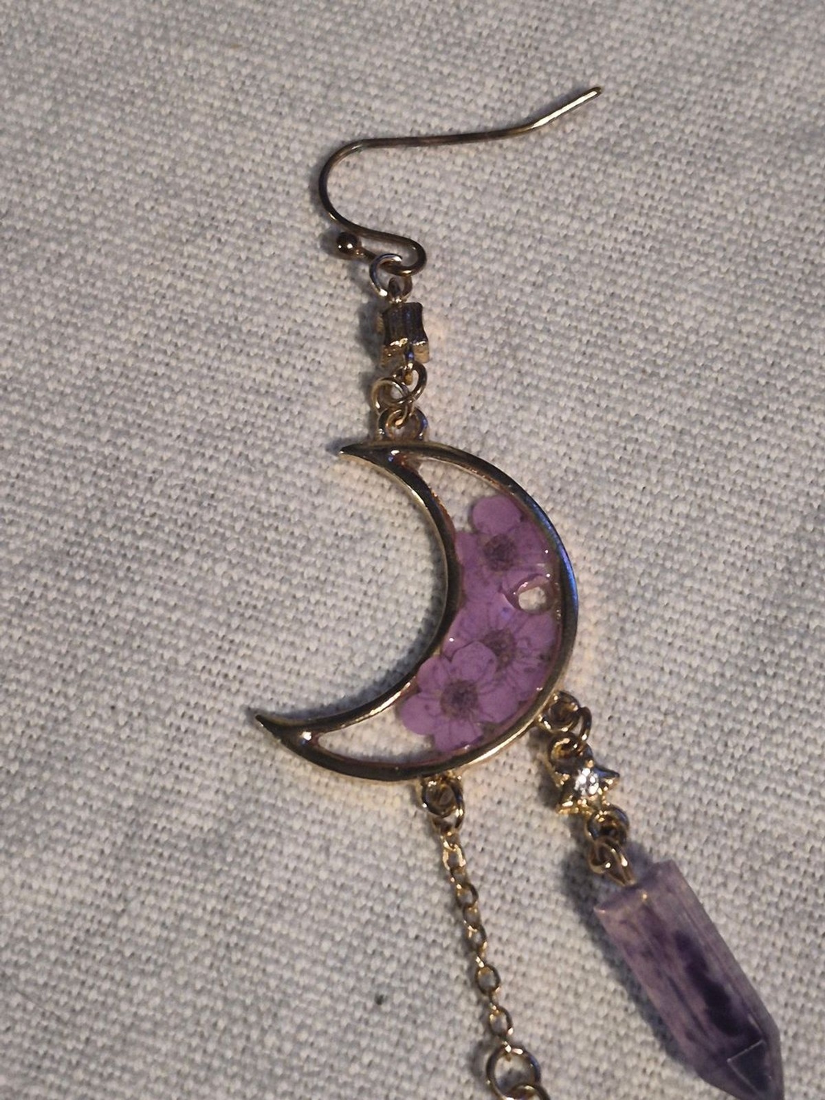 Gold Celestial Crescent Moon Resin Real Purple Flower and Faux Amethyst Crystal