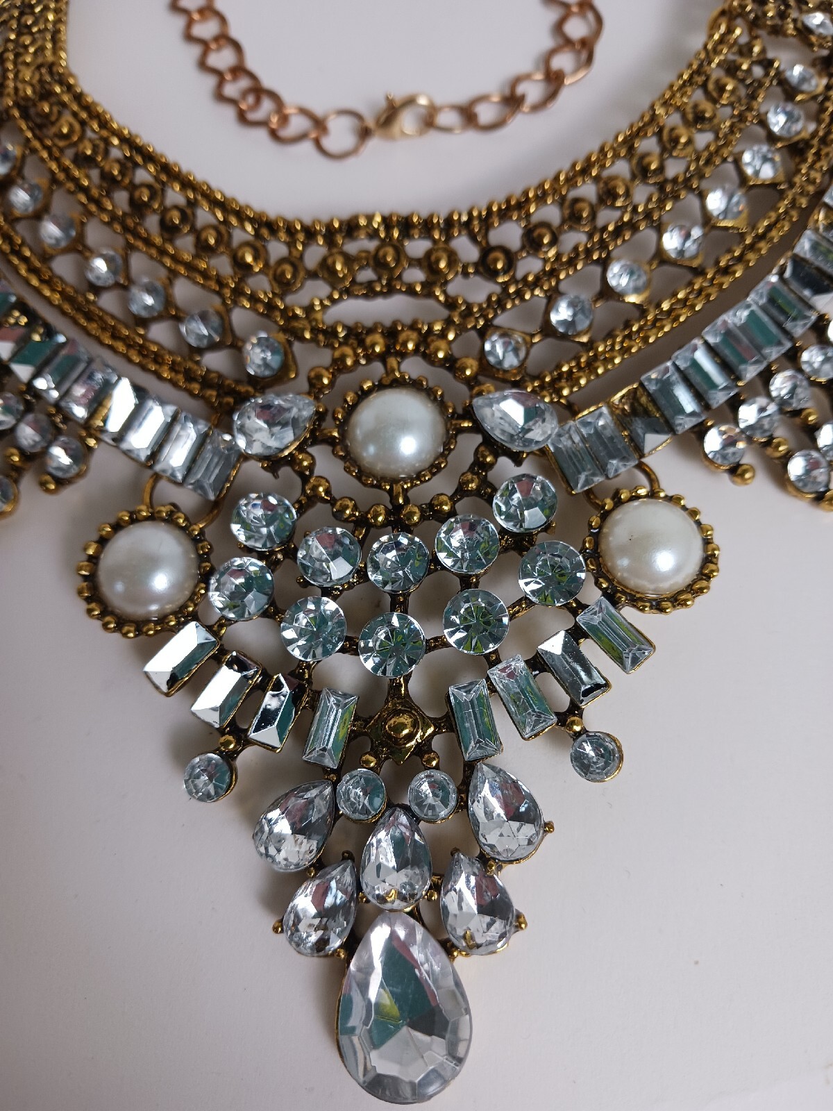 Gorgeous Brass Tone Statement Necklace Faux Pearl And Cubic Zirconia Chocker