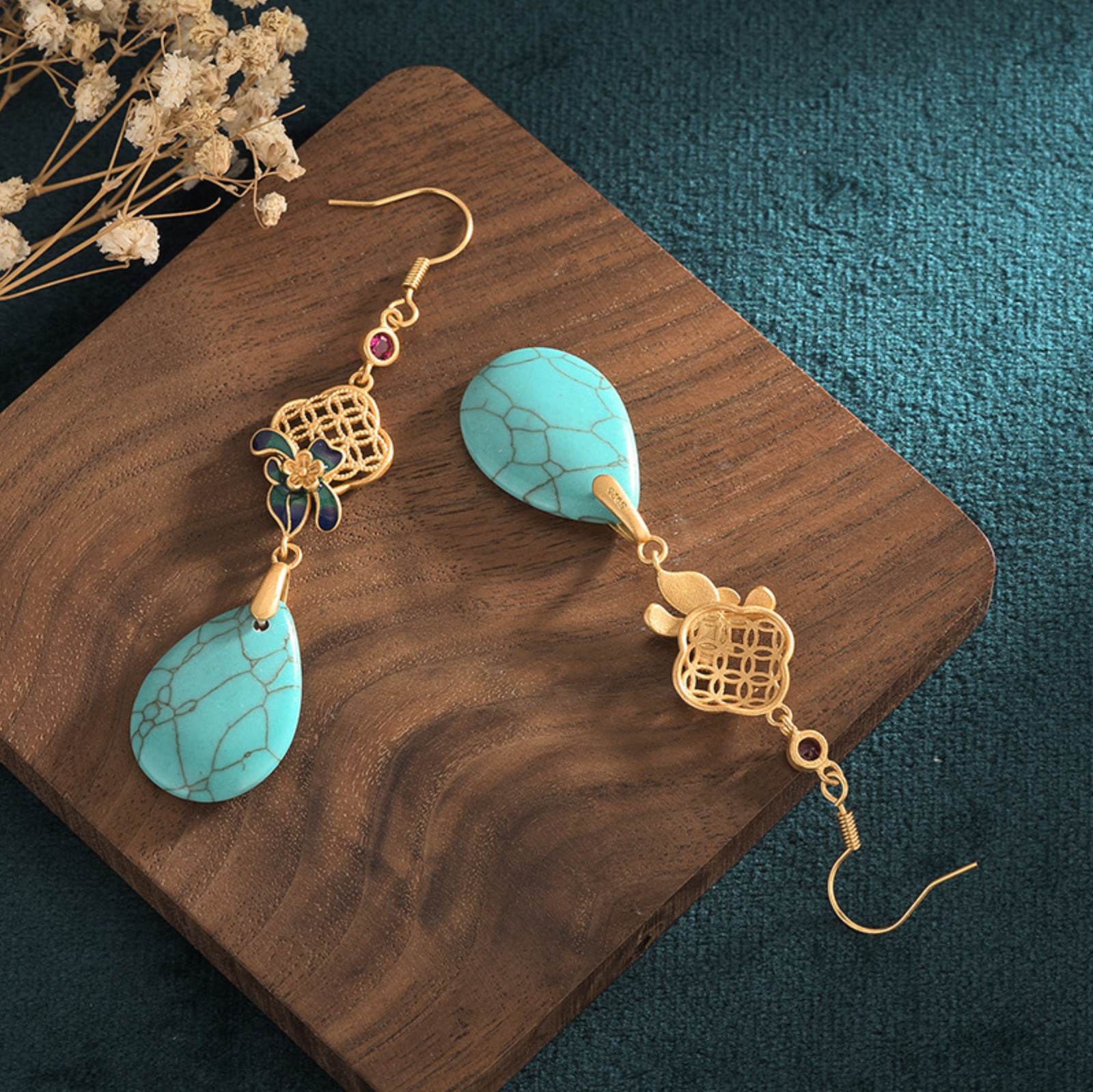 Bohemian Turquoise Drop Dangle Earrings Gemstone Ethnic Ear Hook 18K Gold Plated