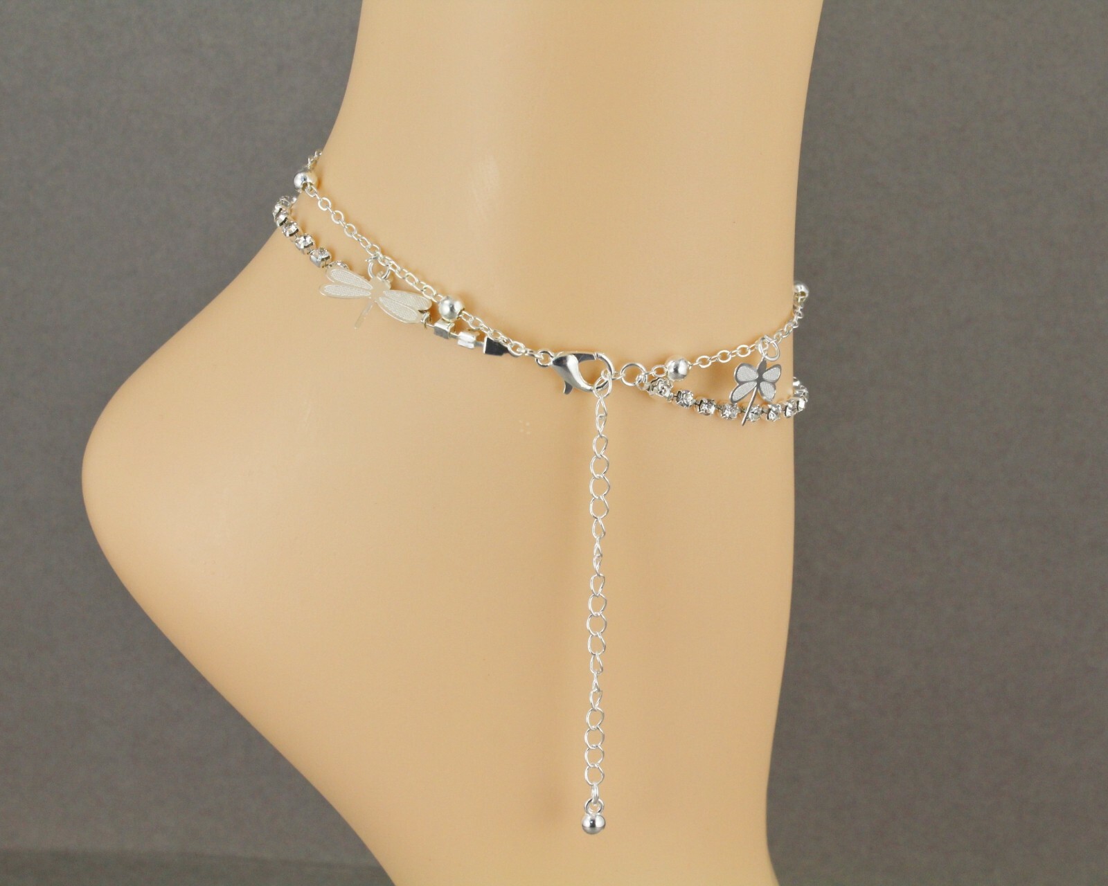 silver anklet dragonfly faux pearl dangle adjustable ankle bracelet 8-10″