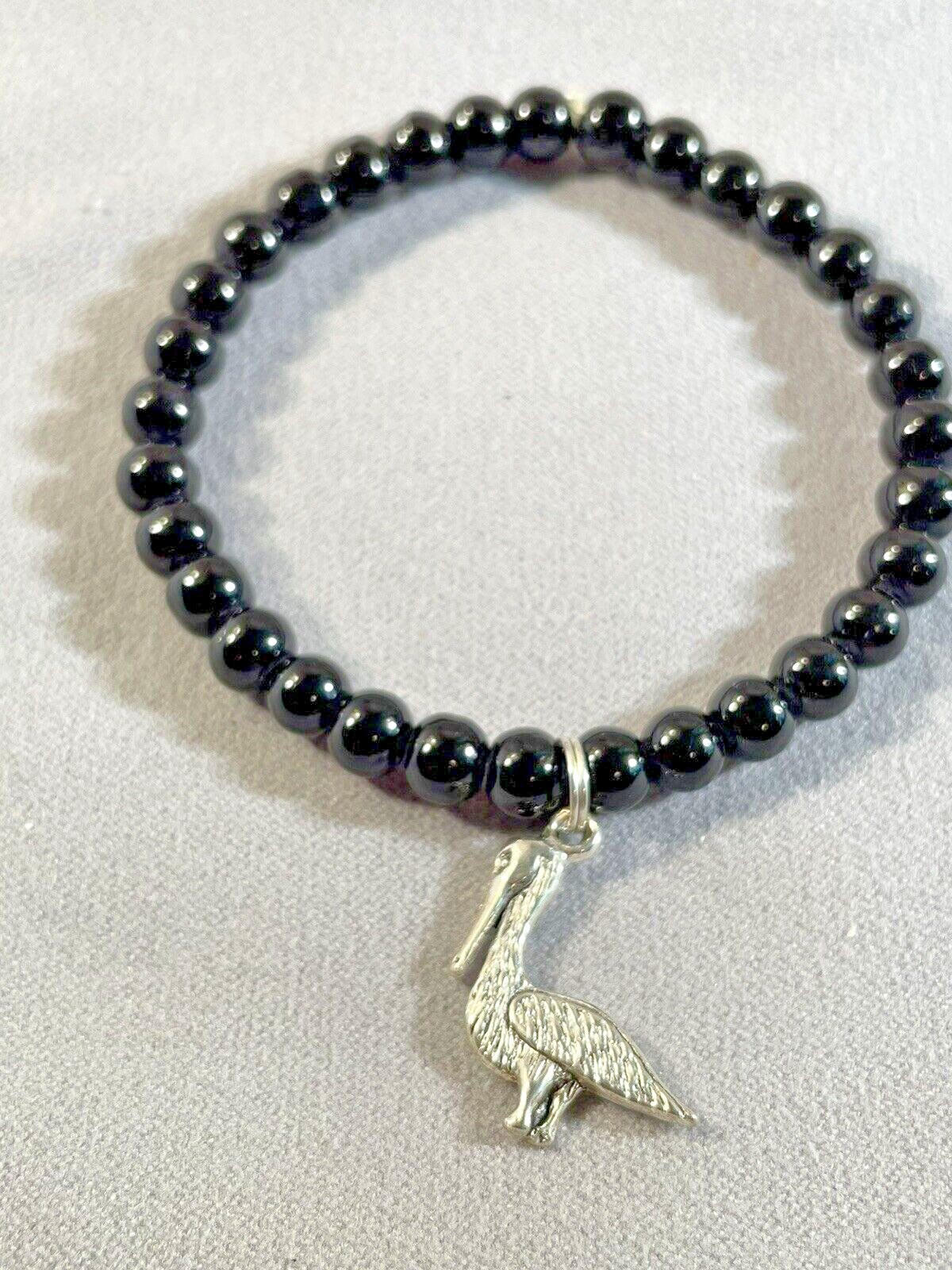 Pelican Silver charm Black Pearl Bracelet Stretch Bead Jewelry Handcrafted NEW