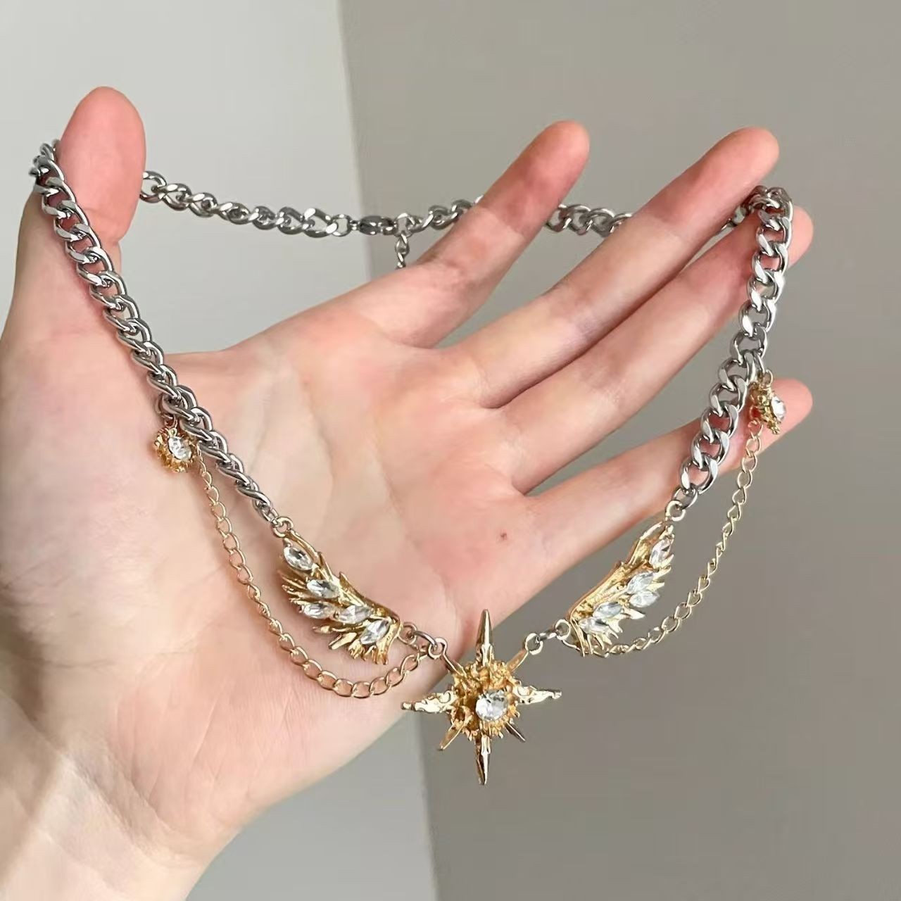 Gothic Angel Wing Octagram Star Rhinestone Necklace Mixed Metal Chunky Chain