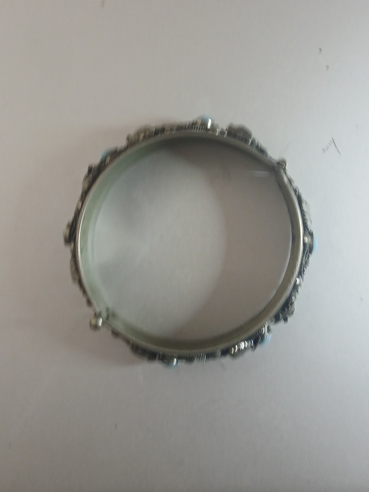 Vintage Silver Hinged Bracelet Round Blue Cabochon Stones Floral Made In Italy