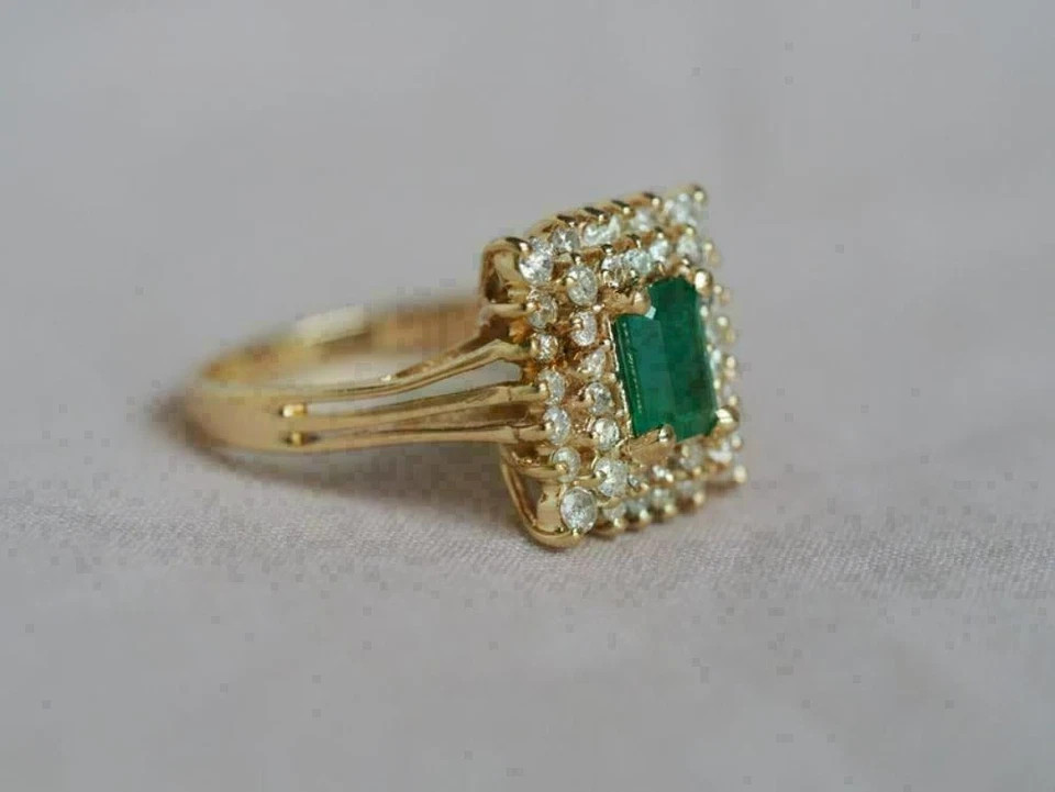 1.75Ct Green Emerald Diamond Cluster Engagement Ring 14K Yellow Gold Plated