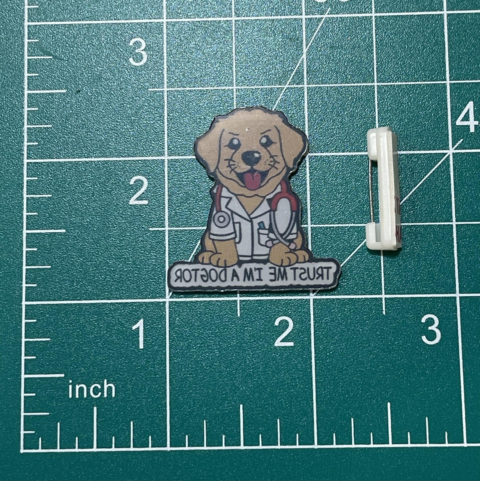 NWOT Dog Lapel Pin Brooch Acrylic Resin 2D Flat Trust Me I’m a Dogtor Vet