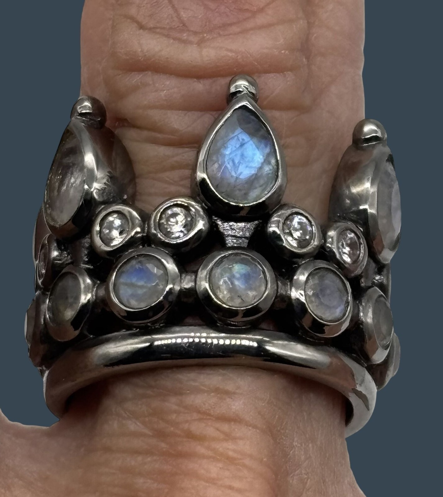 Hespera Jewelry 6 Pointed Crown Ring Gunmetal With Faux Teardrop Pave Moonstones