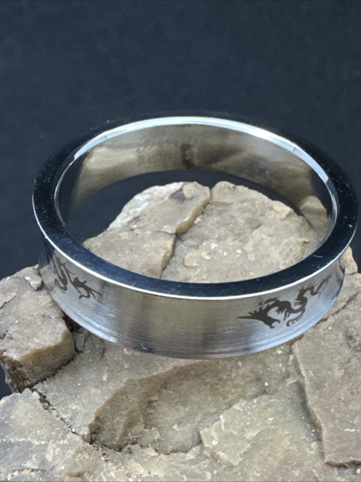 Concave Ring Laser Etched Dragon Design Stainless Steel 6mm