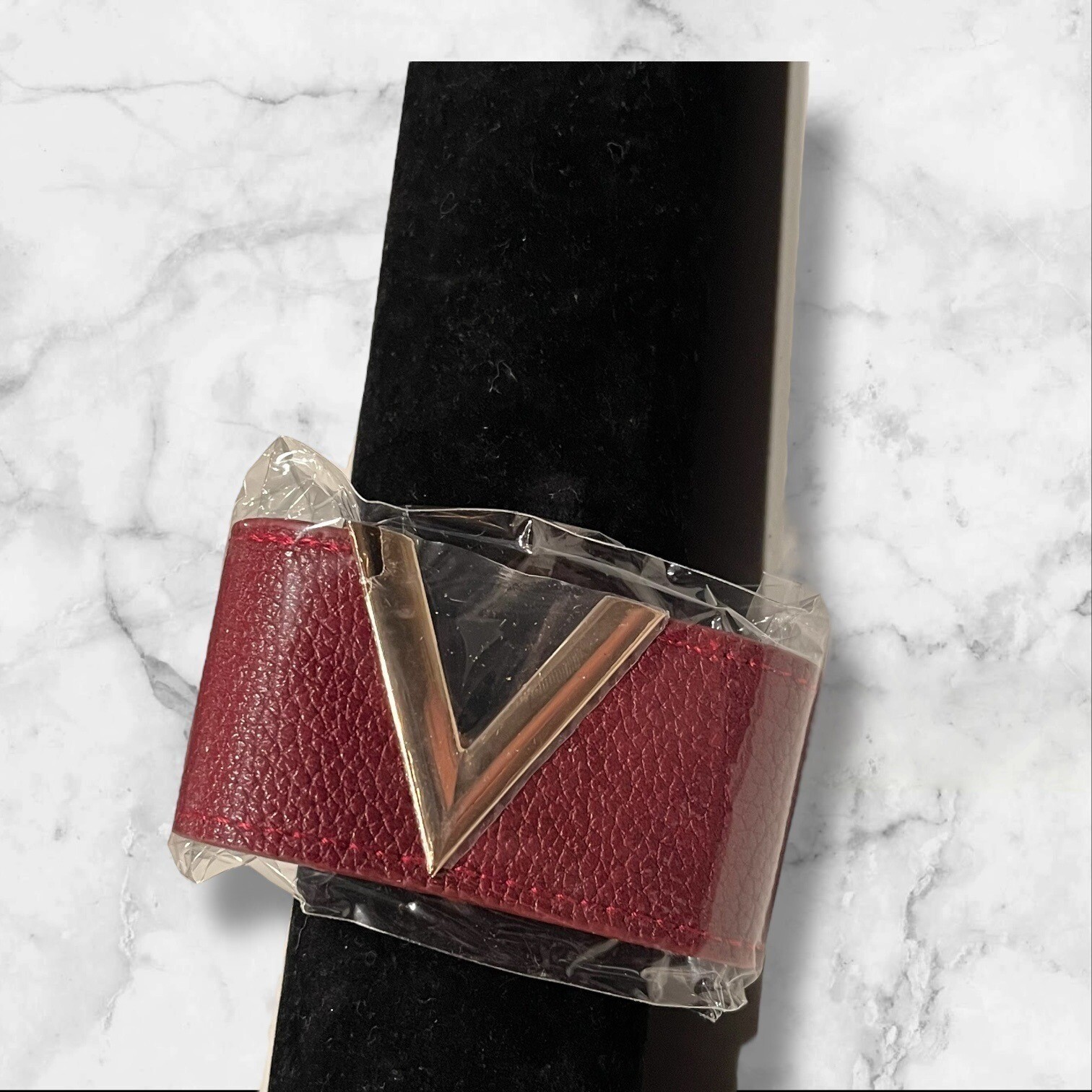 Women’s Burgundy PU Leather Bracelet With Gold “V” Detail & Snap Closure
