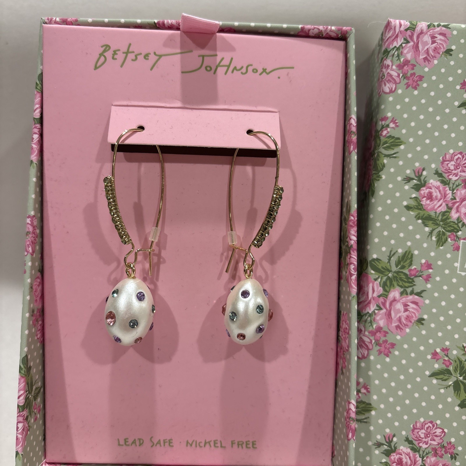 Betsey Johnson Pearlescent Spring Easter Egg Drop Earrings,NEW IN BOX