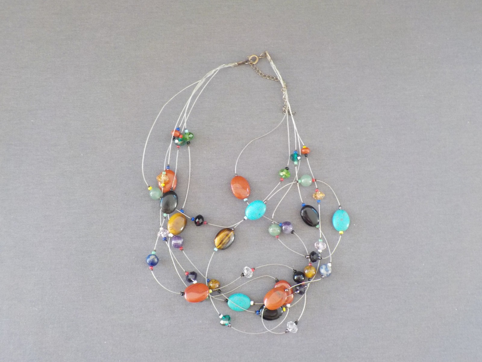 Necklace Silver Tone Metal Multi Strand Wire Stone Glass Oval Polished