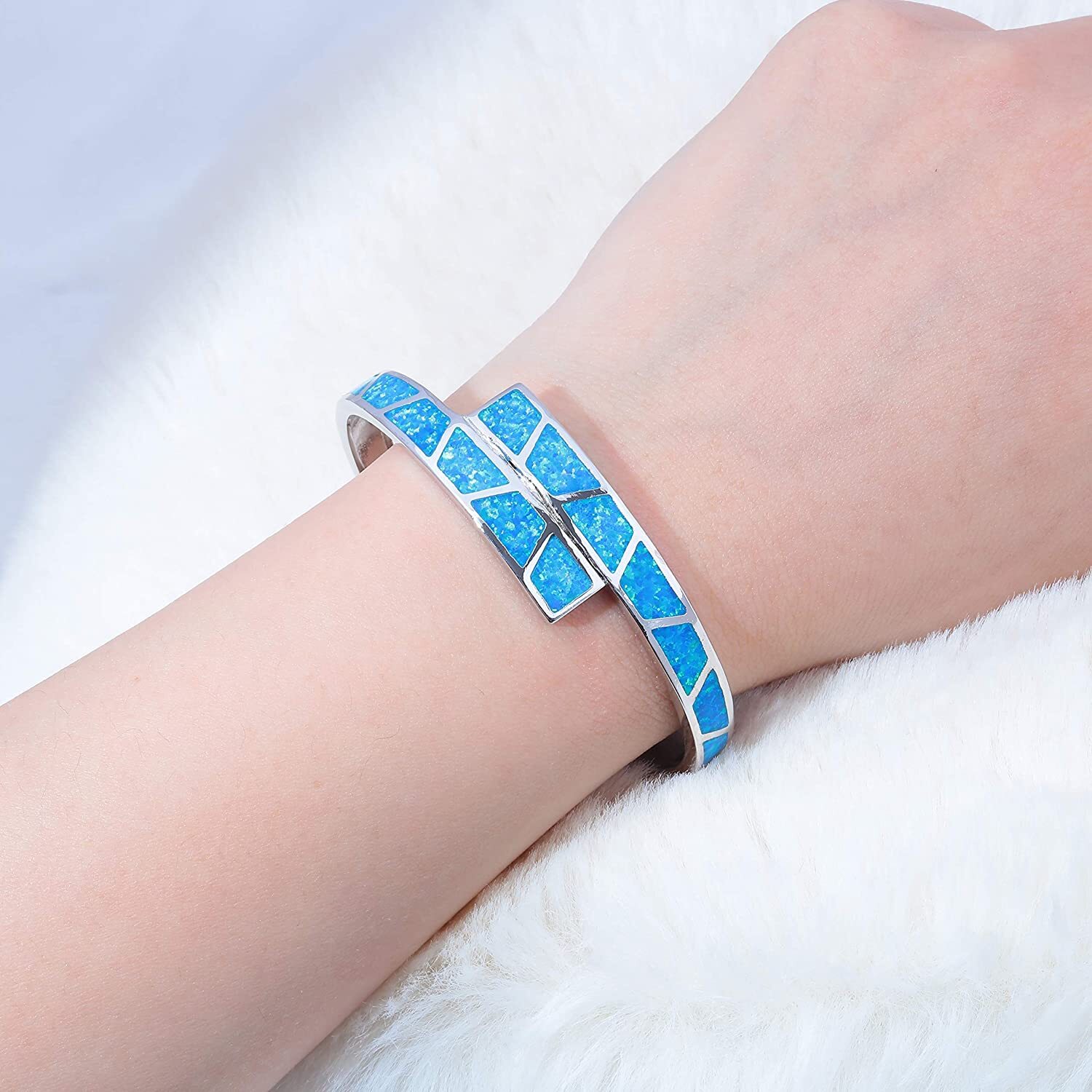 Blue Opal Double Layer Cuff Bangles 925 Sterling Sliver Jewelry For Women Girl