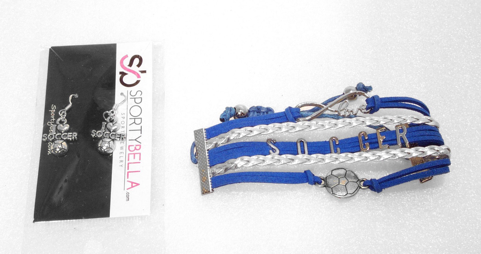Soccer Earrings Dangle and Blue Bracelet I Love Soccer Ball Sports Jewelry