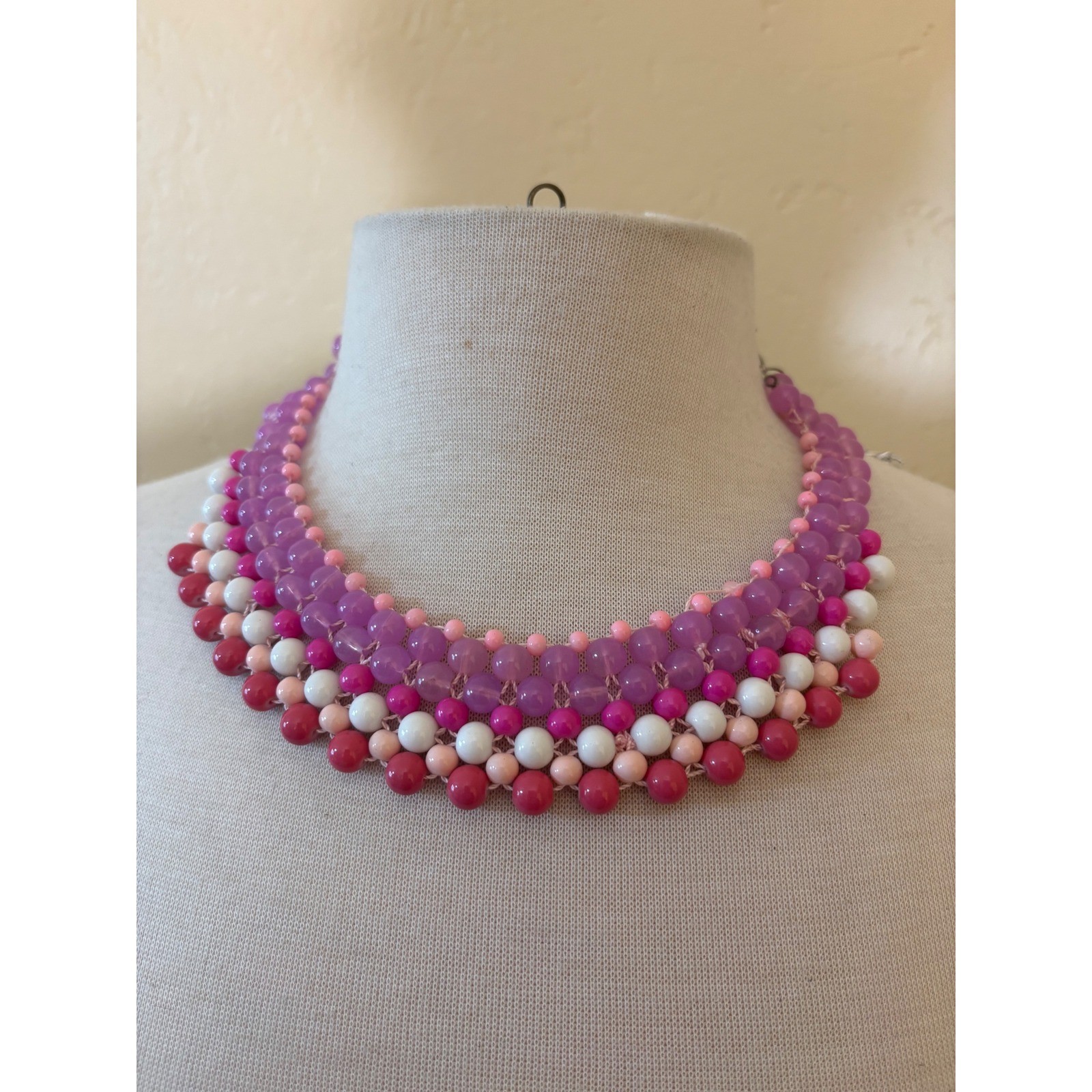 Handmade Pink Purple White Beaded Bib Statement Necklace Adjustable