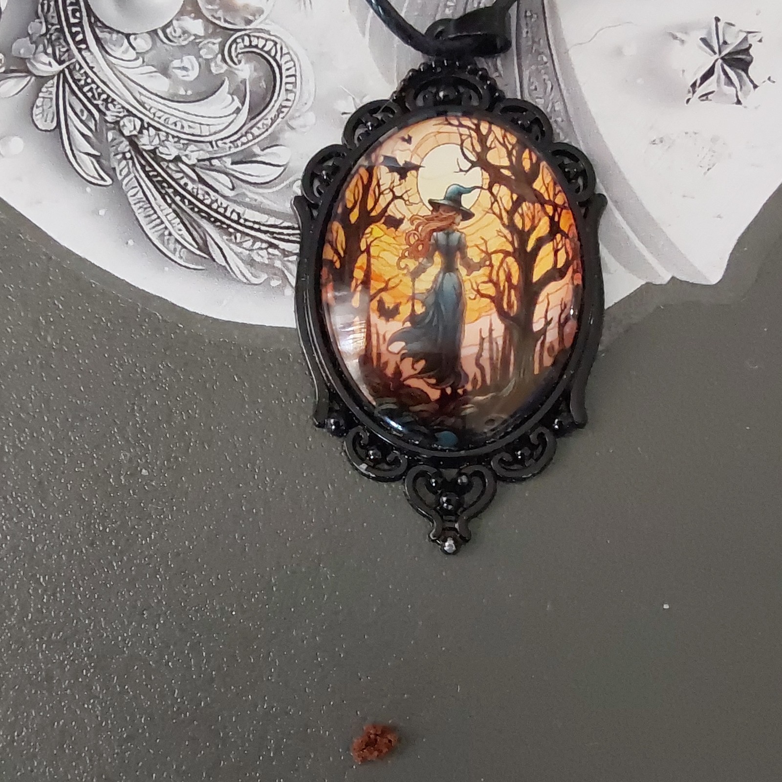 Black Oval Bezel Set Glass Cabochon Pendant Necklace Gothic Halloween Cord