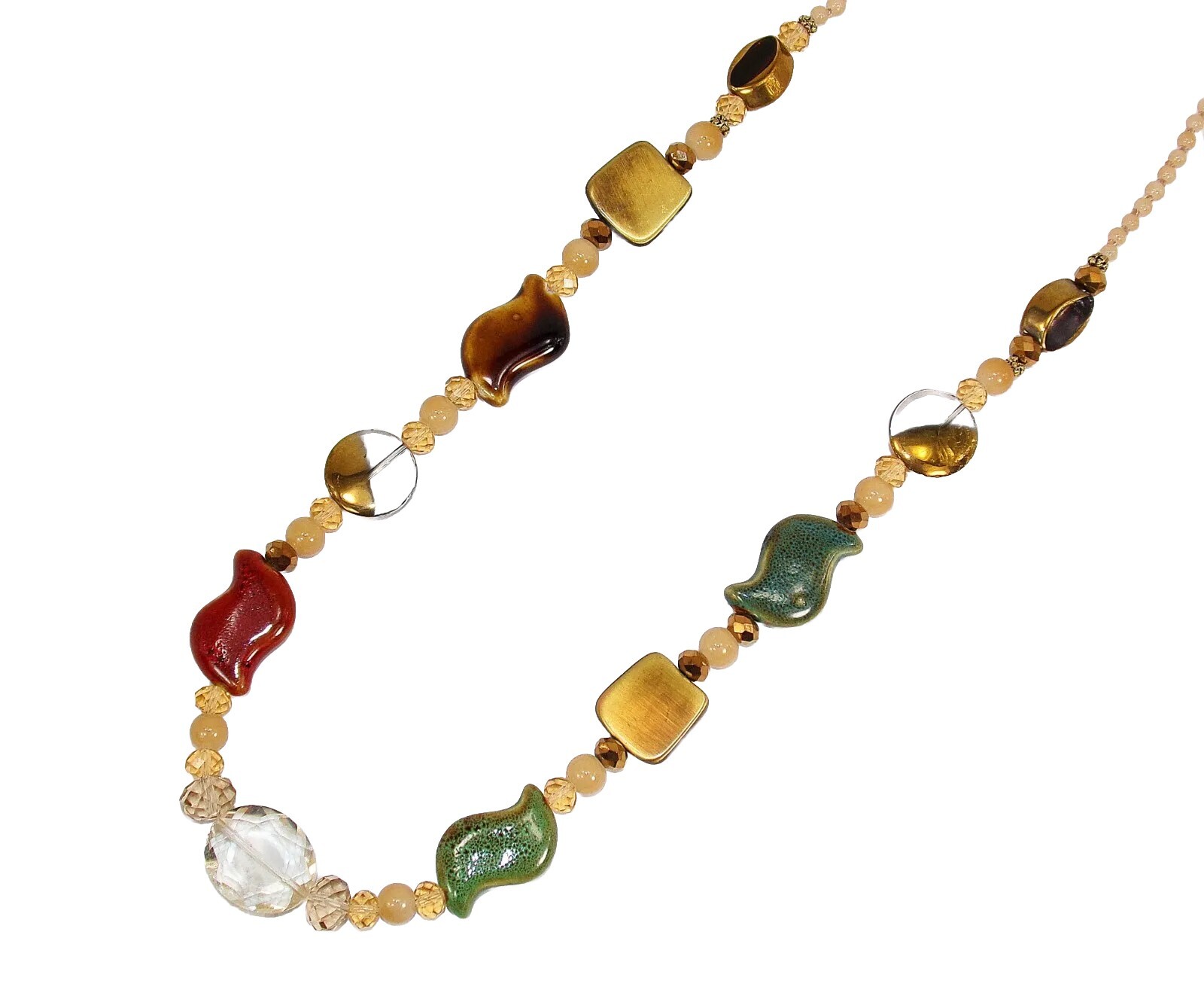 Multi color bead necklace with glass, ceramic, and metal beads, natural colors