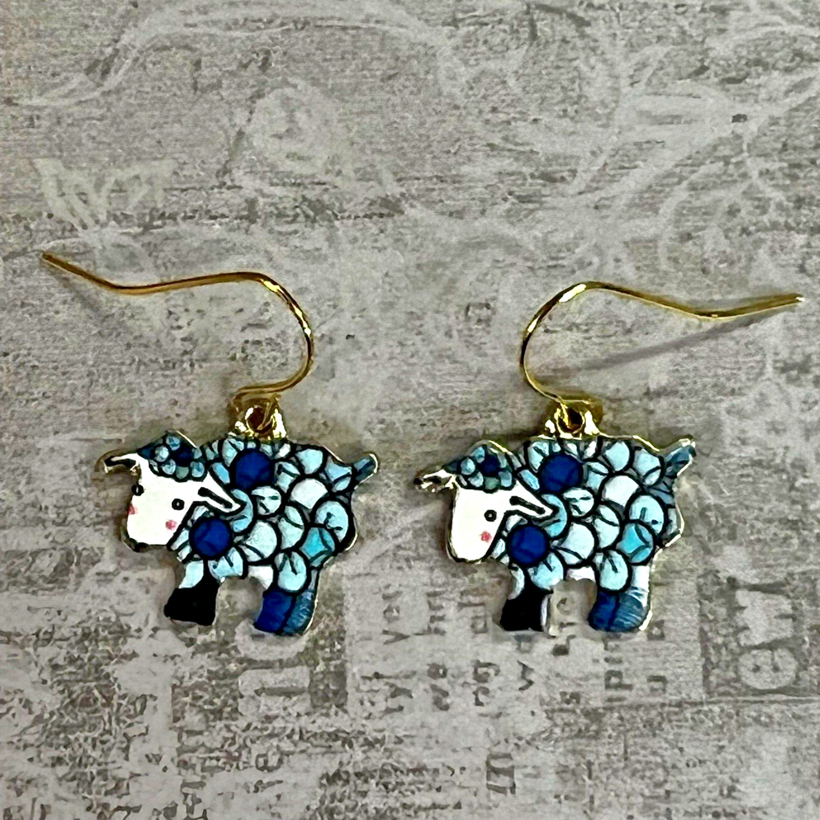 Gold Tone French Hook Country Shades of Blue Sheep Charm Dangle Earrings. S321