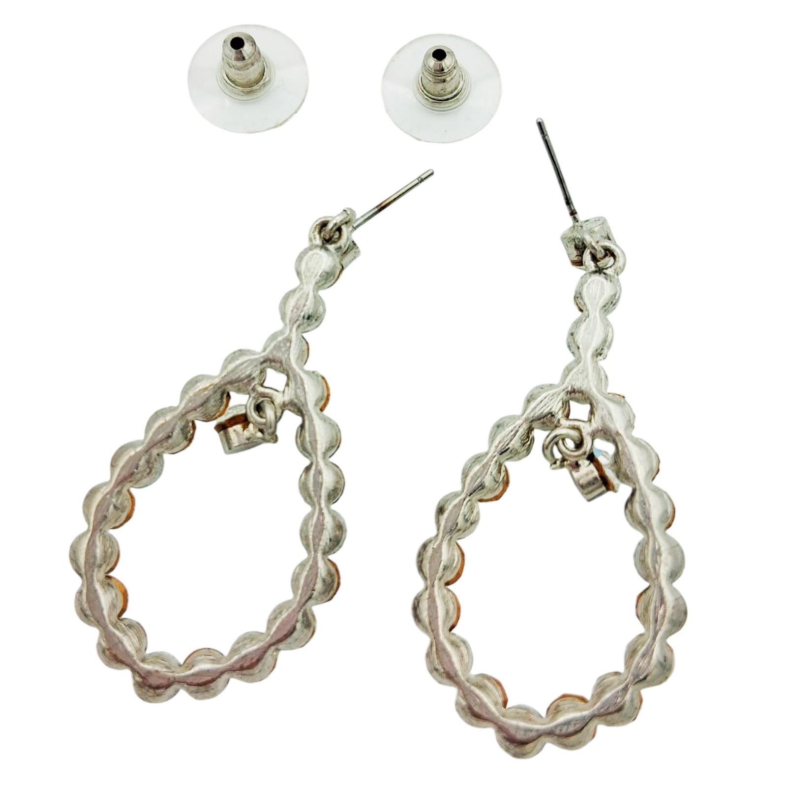 Clear and AB Rhinestone Teardrop Hoop Dangle Earrings 2″ Silver Tone Post Back