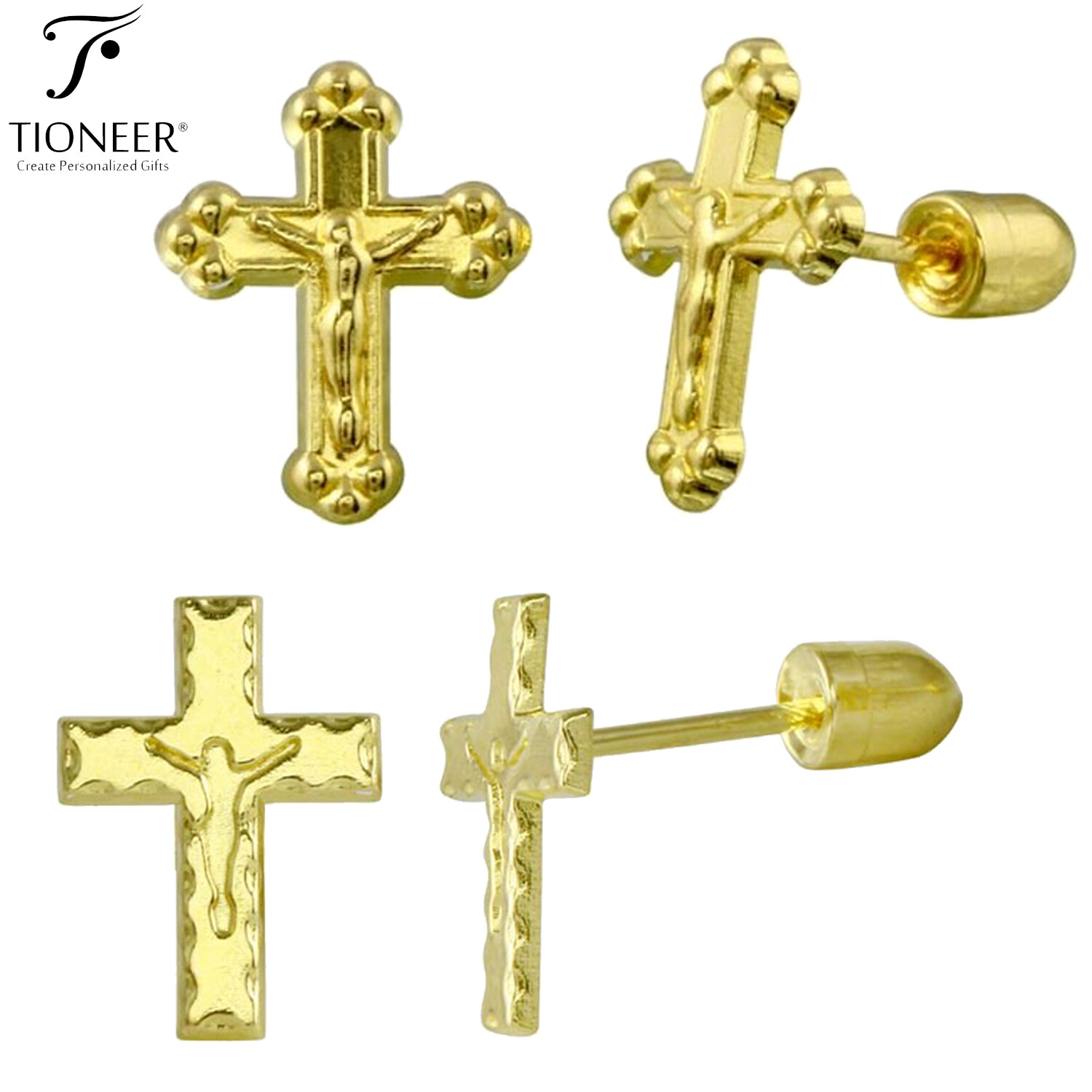 Jesus Cross Solid 14k Gold Religious Catholic Crucifix Screw Back Stud Earrings