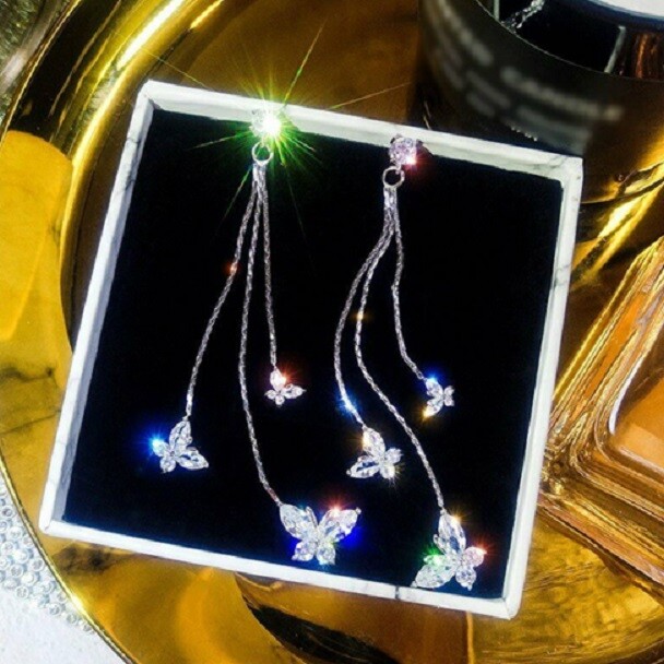 925 Sterling Silver New Fashion Butterfly White Topaz Dangle Drop Stud Earrings