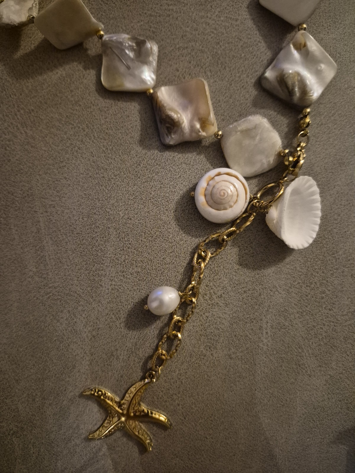 Shell & Pearl Beaded Necklace, Gold Tone Cable Chain Starfish Star Charm