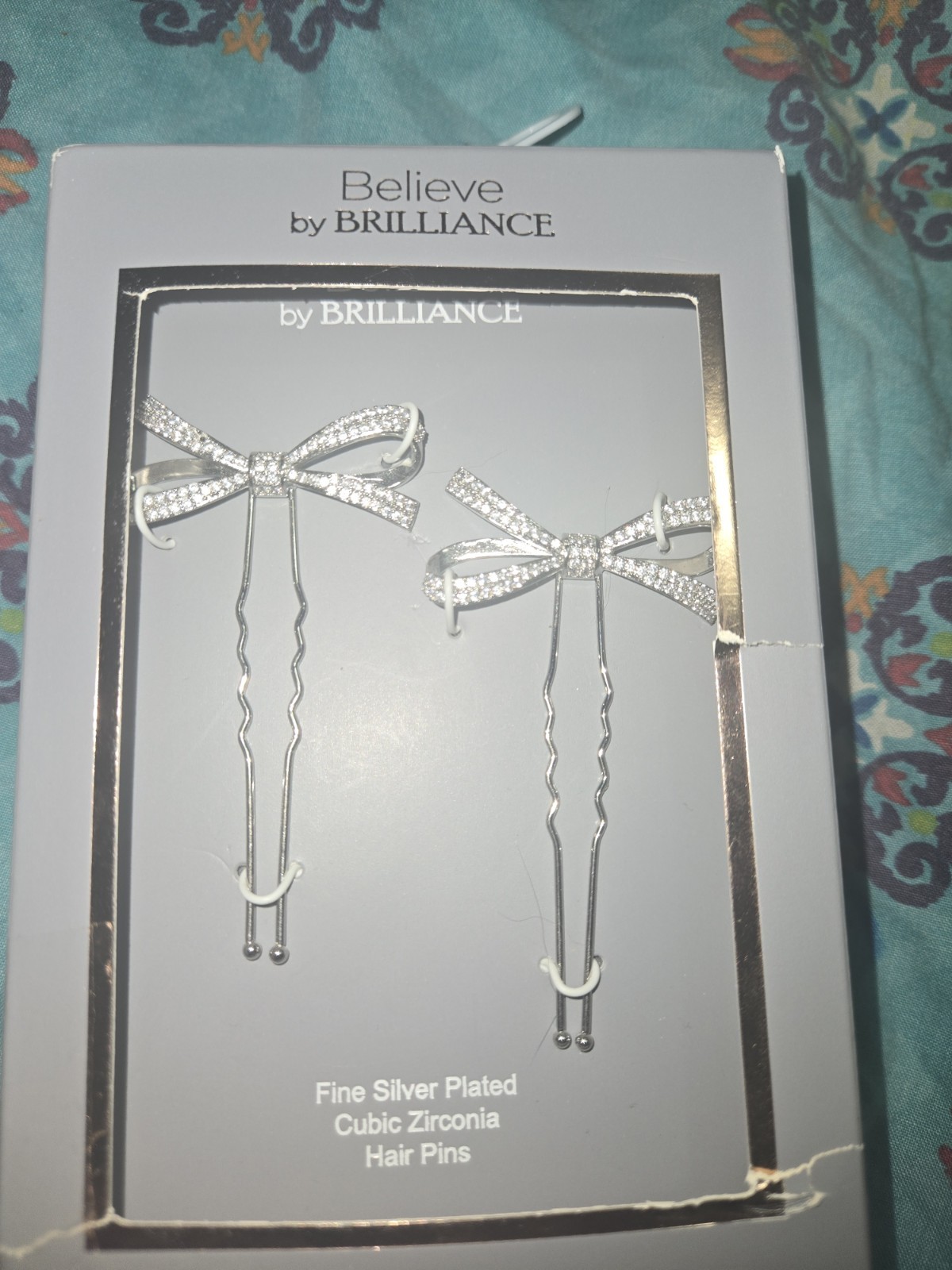 Believe by BRILLIANCE Silver Plated White Cubic Zirconia Bow Hair Pins 2pc