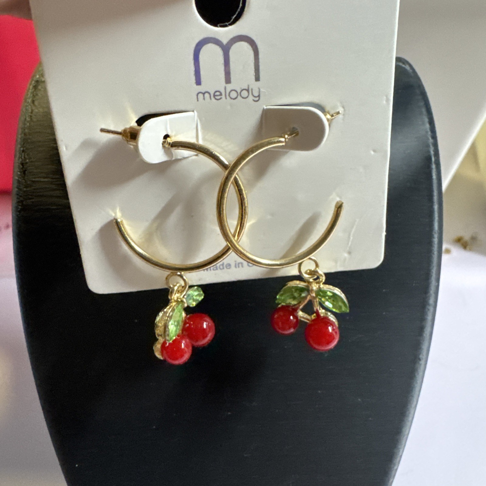 Melody Gold Tone Hoop Earrings Red Cherry Fruit Charms Green Rhinestone Leaves
