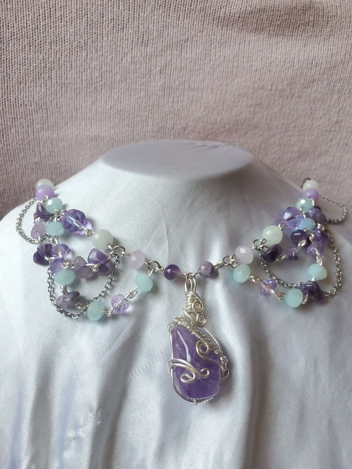 Silver wire wrapped amethyst stone beaded necklace