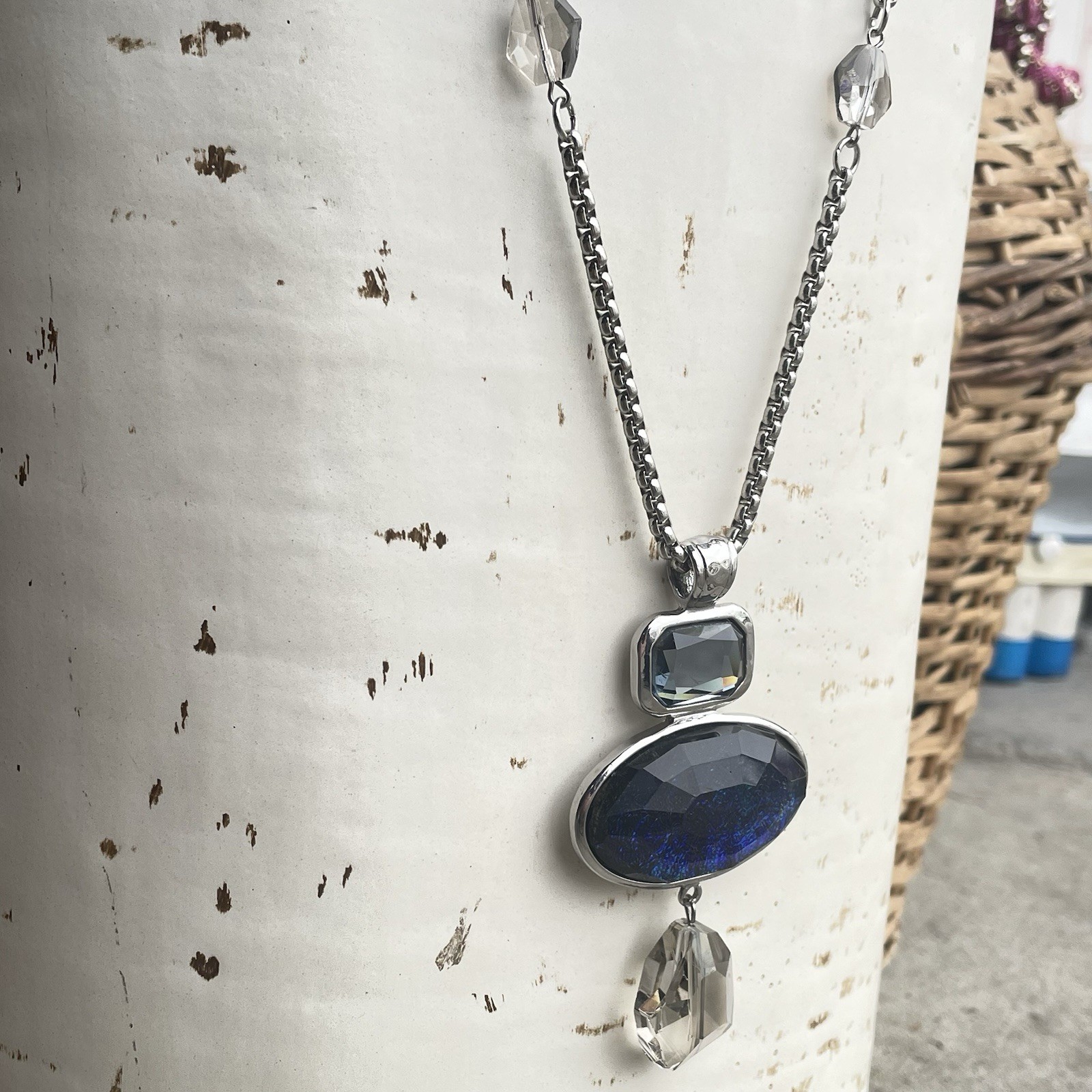 Chico’s Silver Tone Textured Chain Gray Cord Blue Jewel Charm Necklace Chic 34”