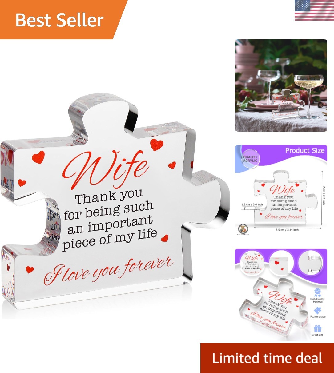 3.35 x 2.76 Inch Portable Acrylic Block for Wife – Lovely Keepsake from Husband