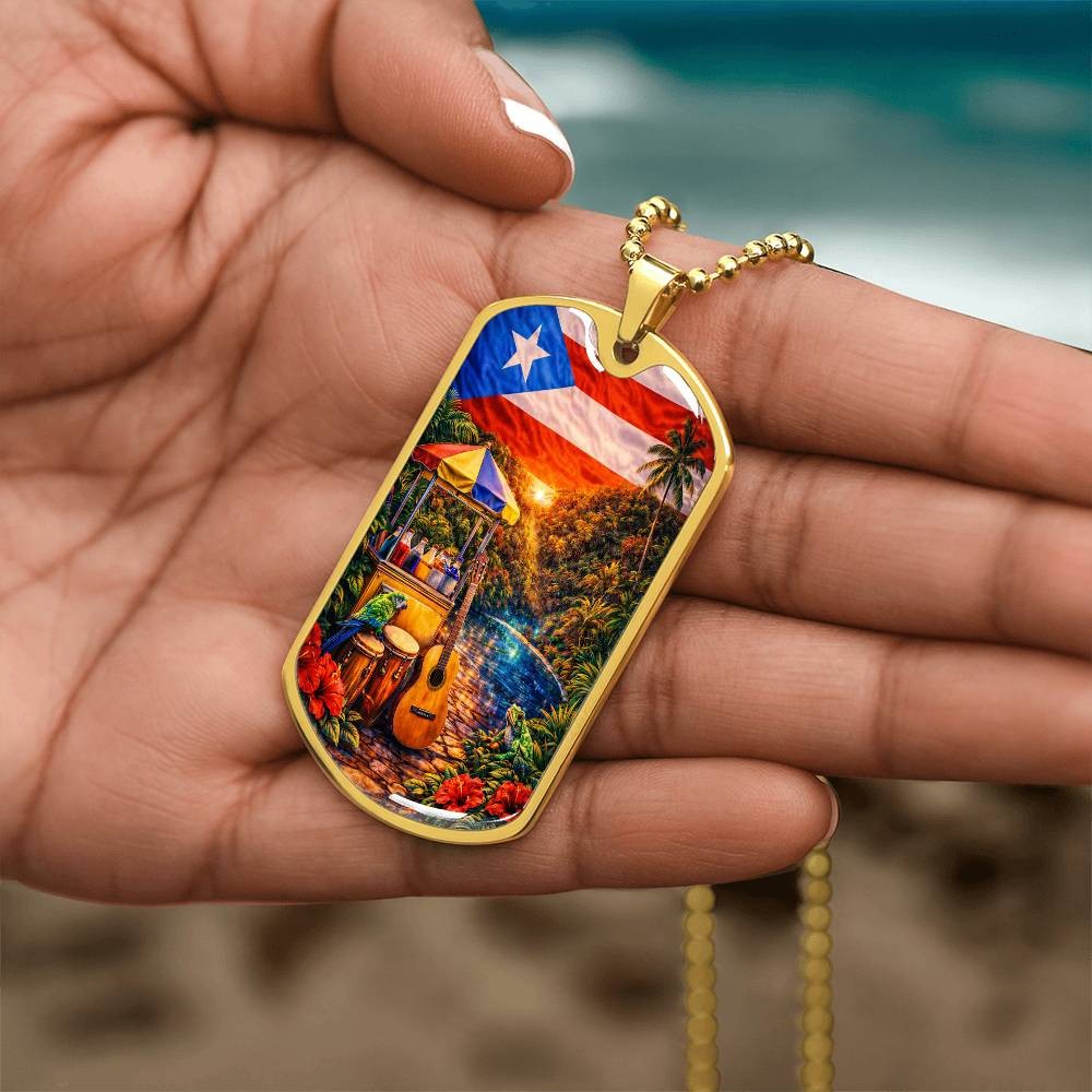 Engraved Puerto Rico Flag Latin American Culture Dog Tag Necklace or Keychain