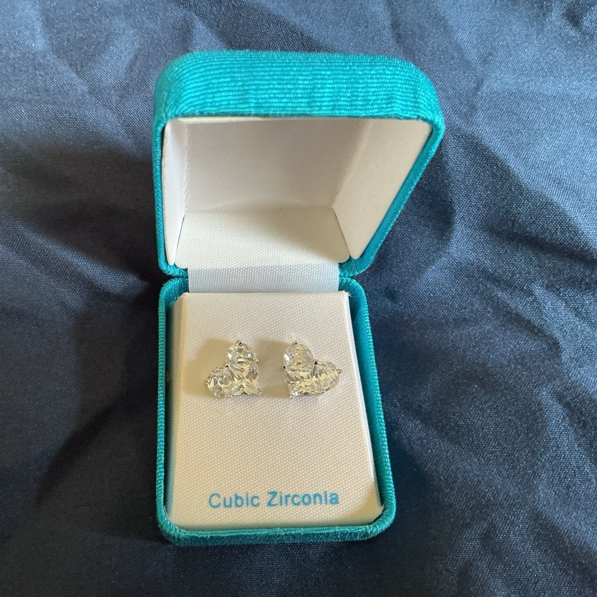 Heart Cubic Zirconia Stud Earrings Silver Tone Butterfly Back Prong Set 2-Stone