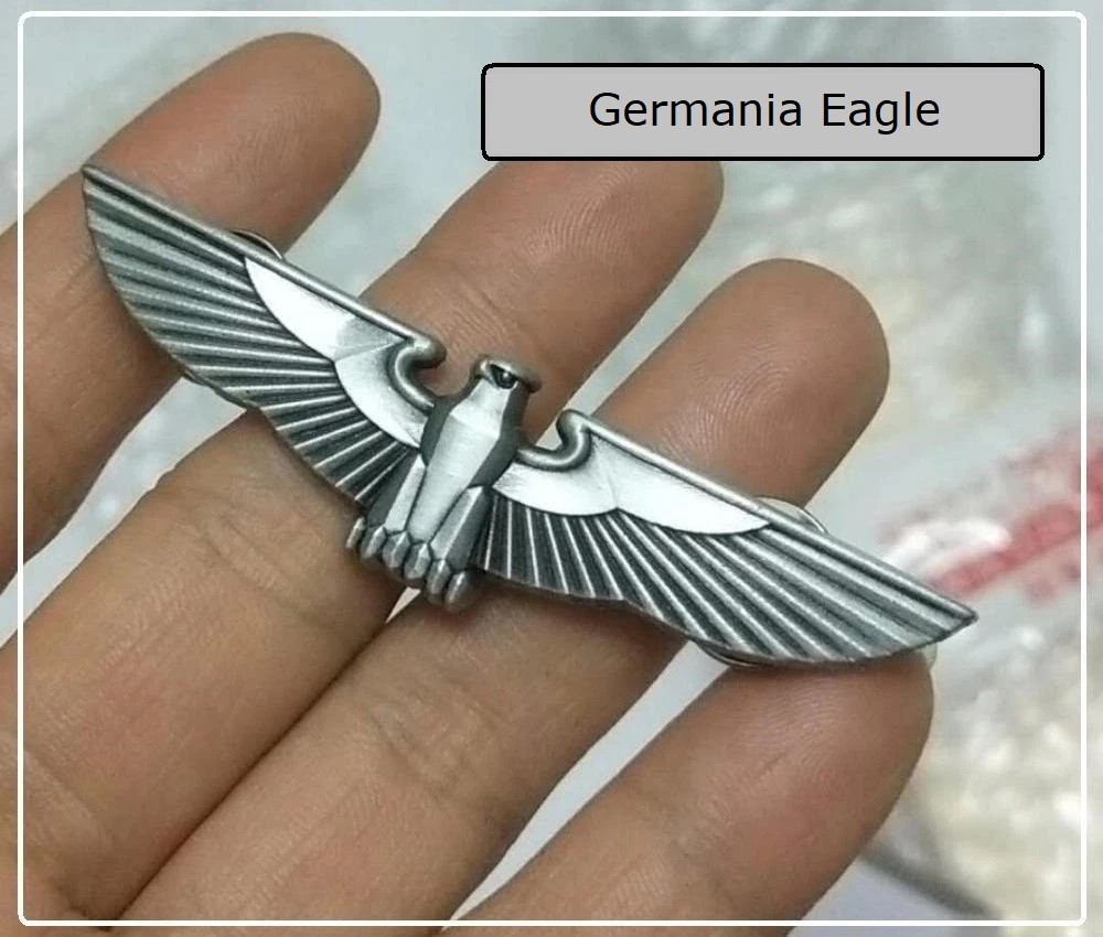 GERMANIA EAGLE Pin – 2 1/2″ Silver Steel Badge – Third Reich – WW2 Germany