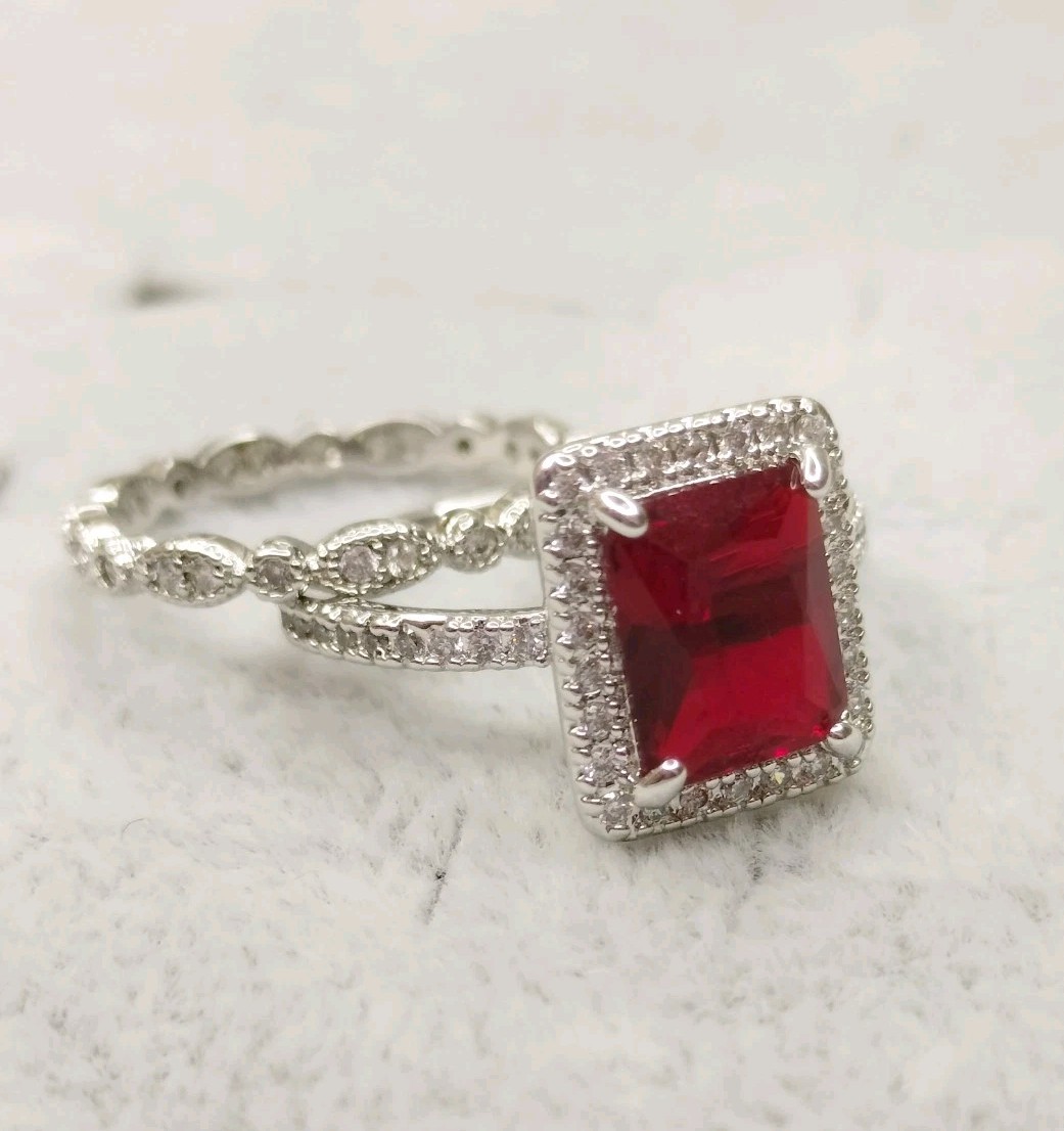 Emerald Cut Deep Red Garnet Ring w/ Halo White Topaz Silver Tone Band Size 6 NWT
