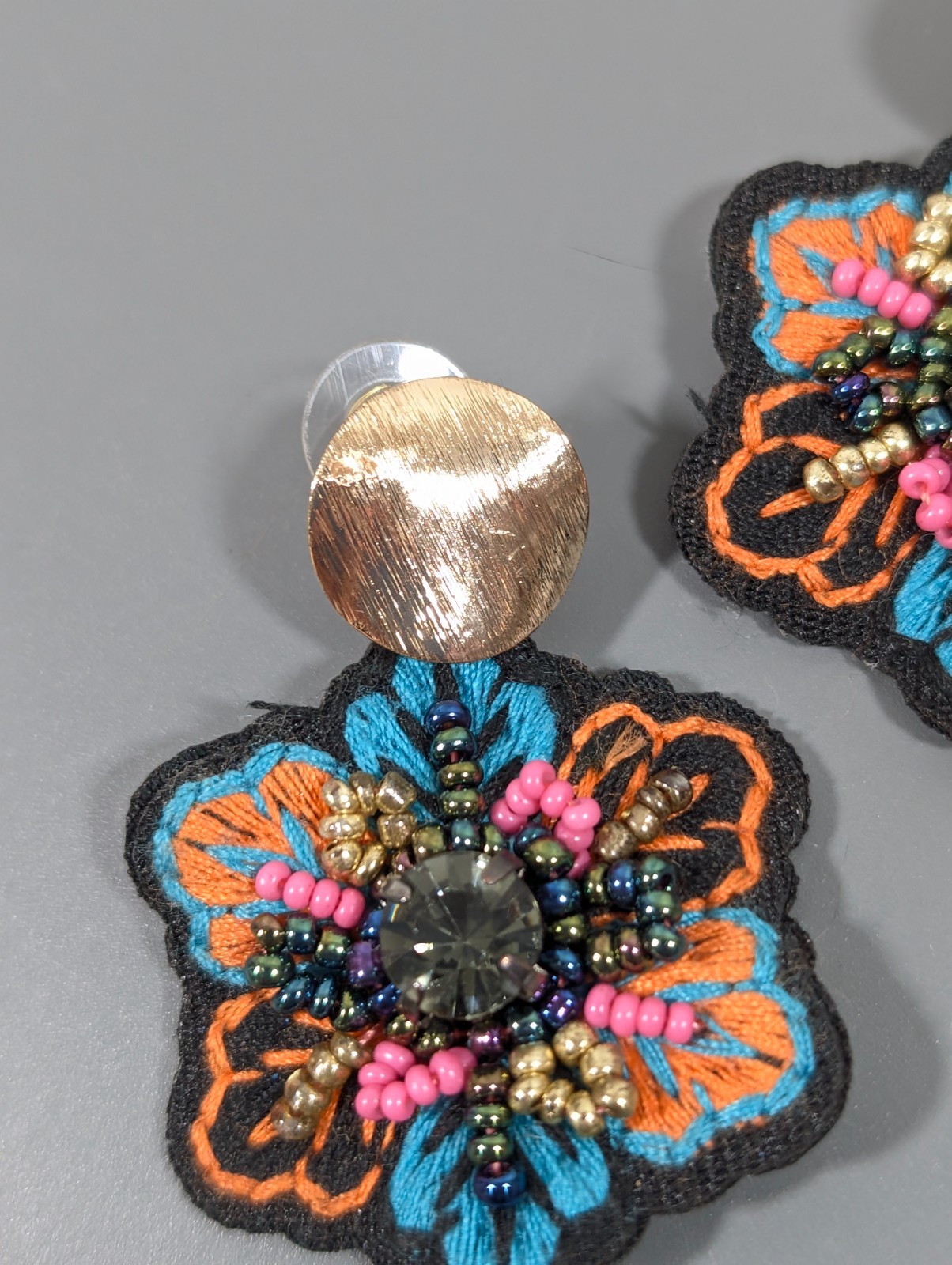 Boho Floral Beaded Statement Earrings Blue Orange Embroidered Fabric Dangle