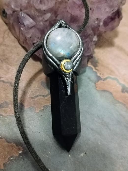 Book Of shadows. Obsidian Witch Protection Necklace. Crescent Moon Jewelry
