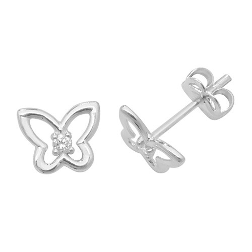 Genuine 9CT White Gold EARRINGS Butterfly with single CZ Stud EARRINGS 0.45 Gram