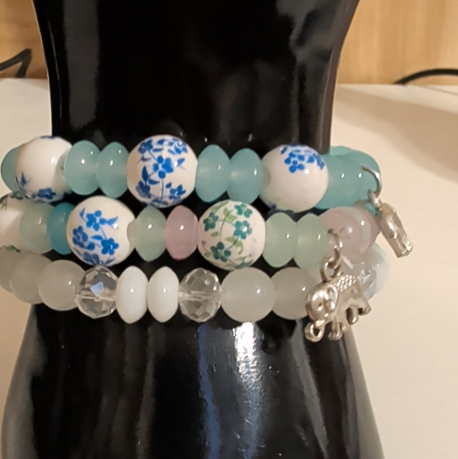 Multicolor Glass Round Beaded Stretch Stackable Bracelets w/ Elephant Dangle