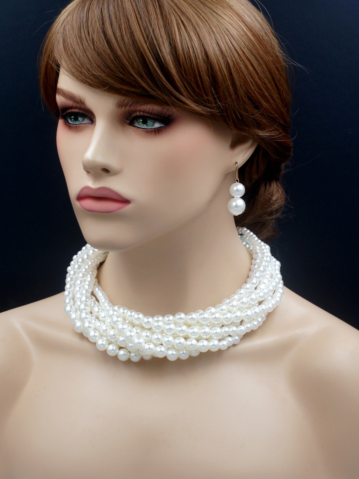 White Glass Pearl Multi Layered Strand String Necklace Earrings Jewelry set 0090