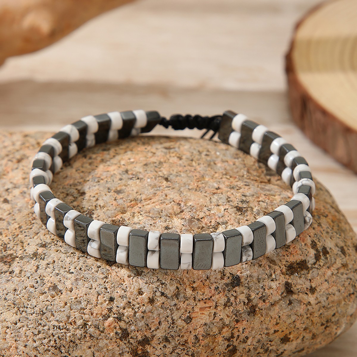 Hematite White Turquoise Square Bead Adjustable Bracelet Confidence Men Gift