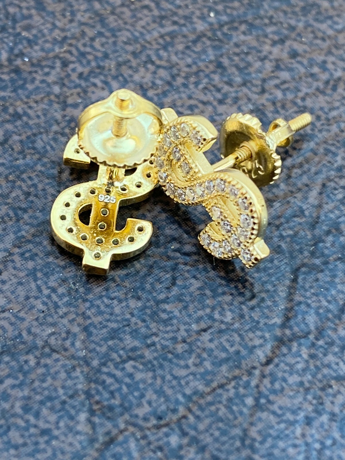 Real 925 Sterling Silver 14k Gold Men Ladies Dollar Sign $ Earrings Studs Iced