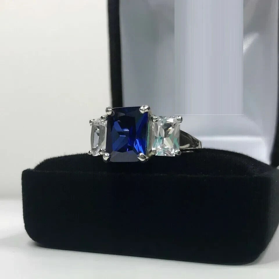 Emerald Simulated Sapphire Women’s Classic Engagement Ring 14K White Gold Plated