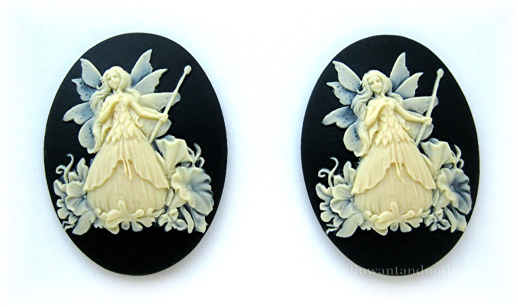 2 IVORY color FAIRY w/ MORNING GLORY on BLACK 40mm x 30mm Costume Jewelry CAMEOS