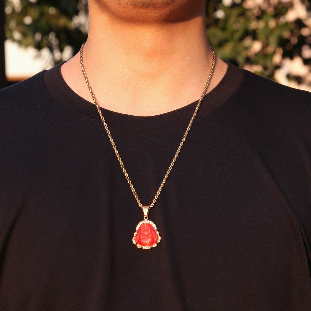 Hip Hop Stainless Steel Maitreya Buddha Pendant Necklace with Rhinestone Jewelry