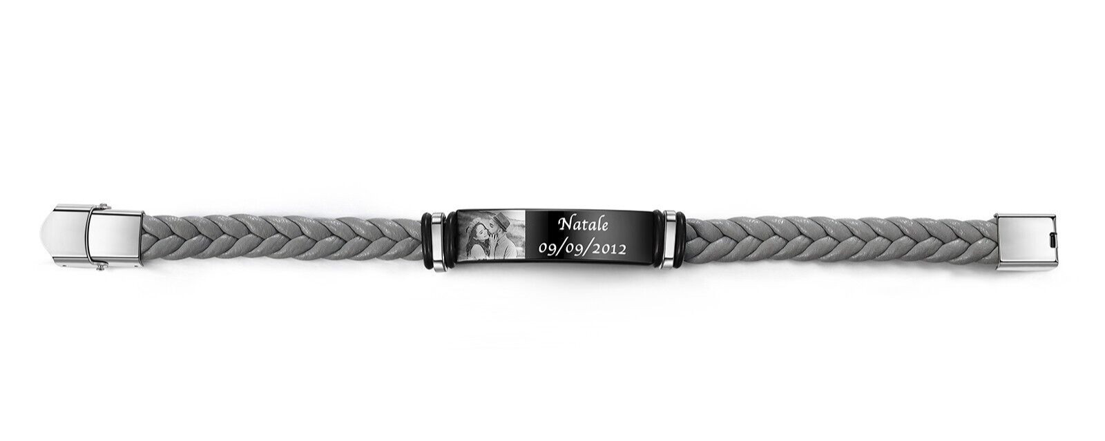 Custom Engraved Photo Bracelet – Engrave Name/Date Choice: Black, Brown or Gray