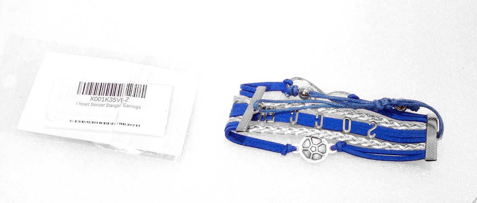 Soccer Earrings Dangle and Blue Bracelet I Love Soccer Ball Sports Jewelry
